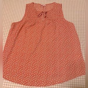 Molly & Isadora sleeveless polka dot top. Pink with white dots. Size 1x.